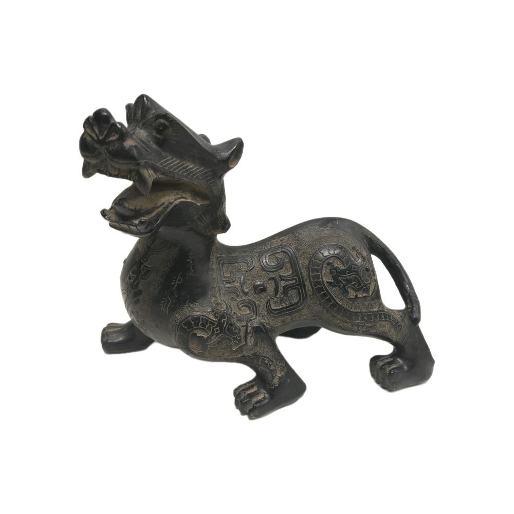Vintage Chinese Dragon Pi Xiu Sculpture Statue Black Brown Carved Figurine